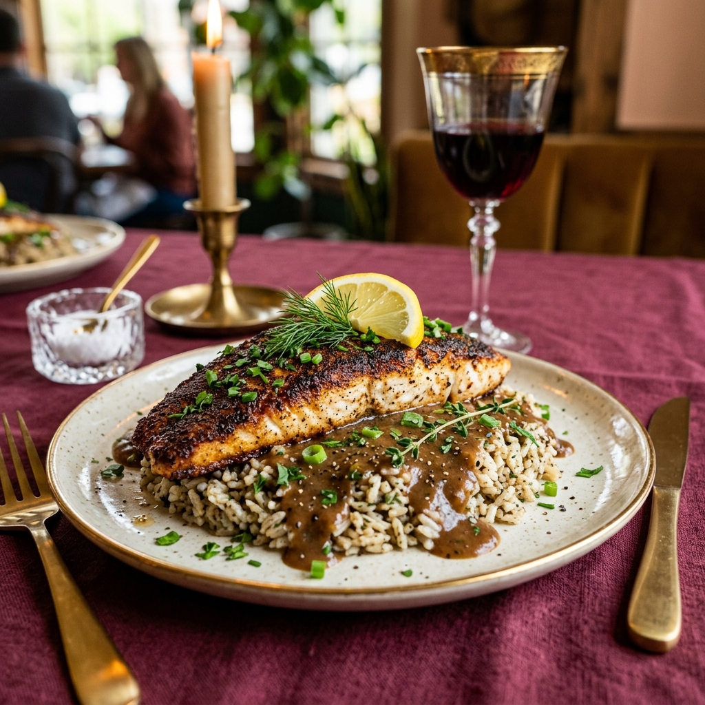 Pan-fried catfish filet plated with herbs